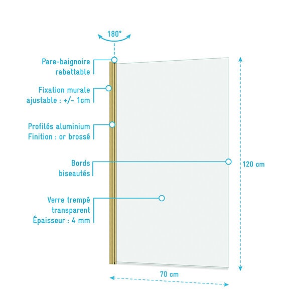 AURLANE - Pare baignoire Rabattable 70x120cm - Profilé finition Or Doré Brossé - Verre Trempé 4mm - ELEMENTARY - large