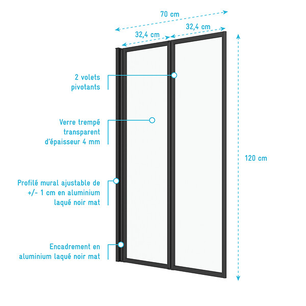 AURLANE - Pare baignoire Pivotant 70x120cm - 2 Volets Noir Mat - Verre Trempé 4mm - DUPLO - large