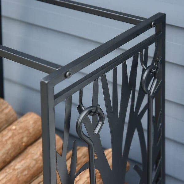 HOMCOM - Serviteur de cheminée arbre - porte bûches - range bûches multi accessoires étagère 46L x 29l x 70H cm acier noir - large