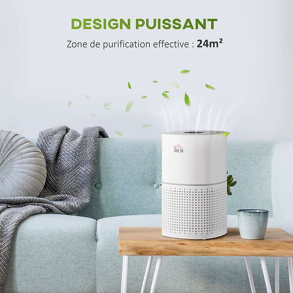 HOMCOM - Purificateur d'air 50 W 4 vitesses mode silencieux - filtre HEPA, charbon actif -  jusqu'à 24 m² - débit d'air pur 225 m³/h - timer - ABS blanc gris - large