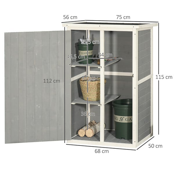 OUTSUNNY - Armoire abri de jardin remise pour outils - grande porte verrouillable loquet - 2 étagères - toit bitumé incliné bois de sapin blanc gris - large