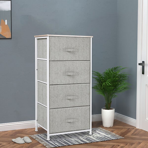 HOMCOM - Chiffonnier meuble de rangement dim. 45L x 30l x 92H cm 4 tiroirs non-tissés gris structure métal blanc plateau MDF bois clair - large