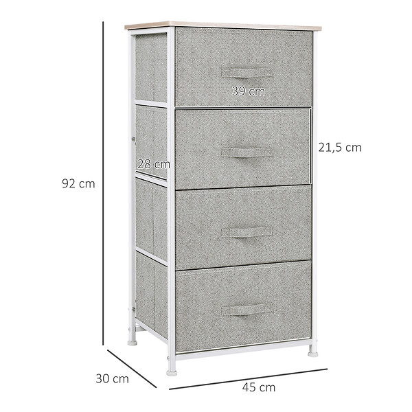 HOMCOM - Chiffonnier meuble de rangement dim. 45L x 30l x 92H cm 4 tiroirs non-tissés gris structure métal blanc plateau MDF bois clair - large