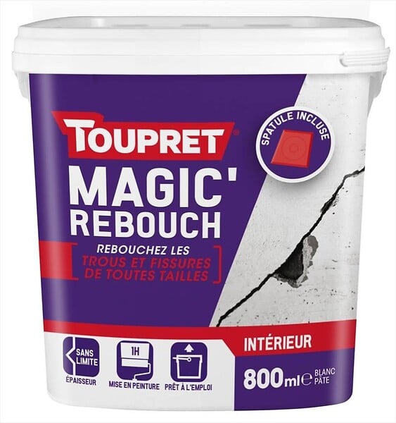 CENTRALE BRICO - Enduit de rebouchage TOUPRET + spatule 800ml en pâte allégée pour mur et plafond - large