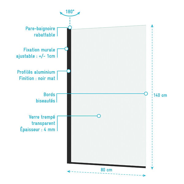 AURLANE - Pare baignoire Rabattable 80x140cm - Profilé Noir Mat - Verre Trempé 4mm - ELEMENTARY - large