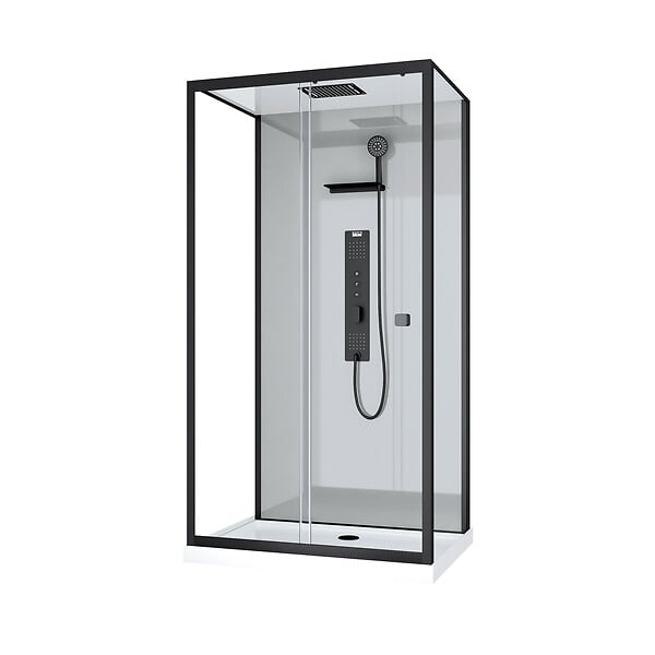 AURLANE - Cabine de douche Hydromassante 110x80 Receveur Bas - Fond Gris et Profilés Noir Mat - GREY STYLE LOW - large