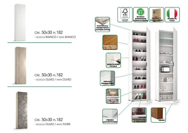 DMORA - Armoire polyvalente Fiordaliso, Armoire linéaire avec 1 porte et 7 étagères, Colonne d'entrée ou de salle de bain, Range - chaussures moderne, 100% Made in Italy, 50x30h182 cm, Blanc - large
