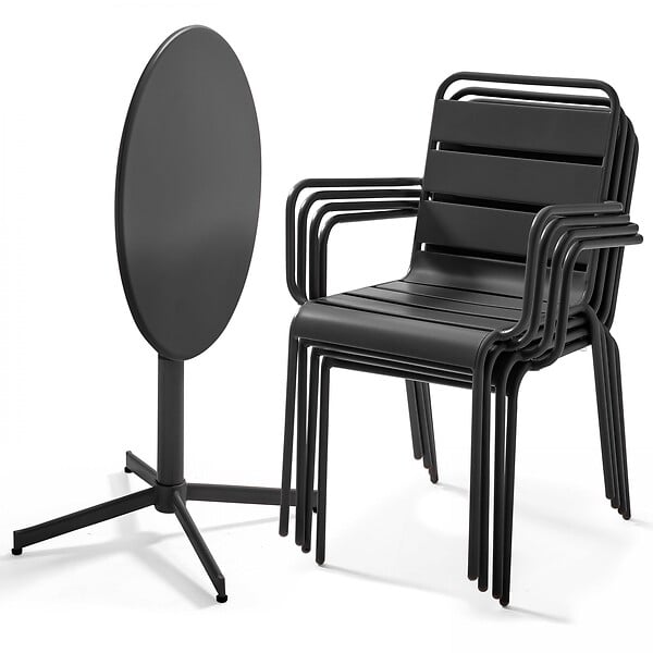 OVIALA - Ensemble table de jardin et 4 fauteuils métal gris - Palavas - large