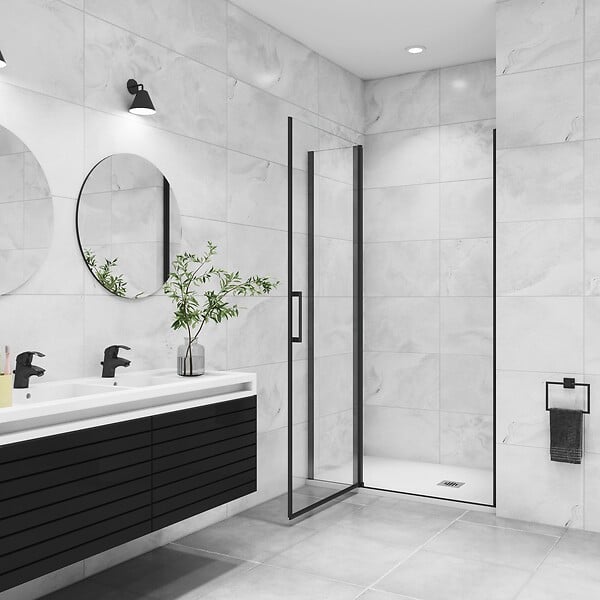 AICA SANITAIRE - AICA porte de douche pivotante 110x200cm avec un élément fixe Profilé noir mat Porte de douche Hauteur 200cm en verre anticalcaire - large