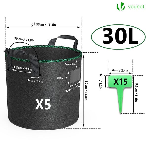 VOUNOT - Lot de 5 sacs de plantation non tisse 30L avec poignee Noir - large