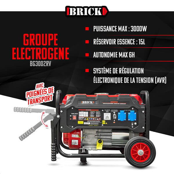 BRICK - Groupe électrogène max 3000W avec roues - 2 prises - AVR - Essence - large