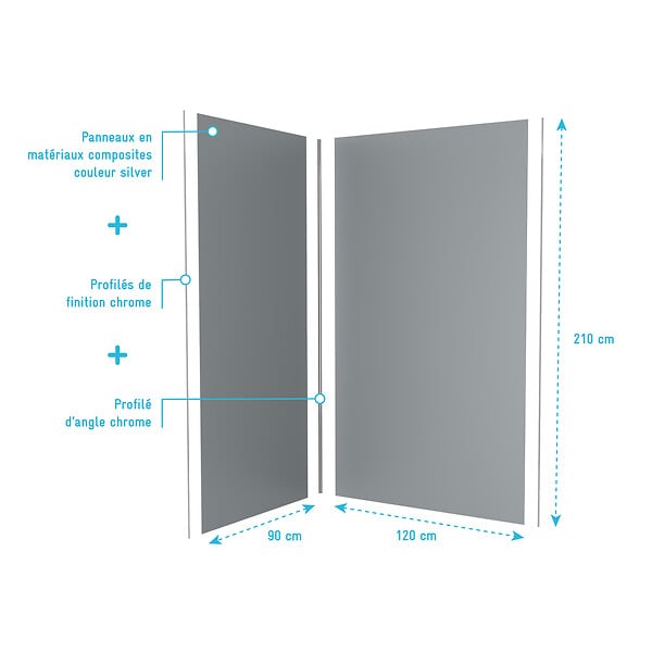 AURLANE - Pack 2 Panneaux Muraux en Aluminium Silver 120+90x210 cm + Profilés Chrome - large
