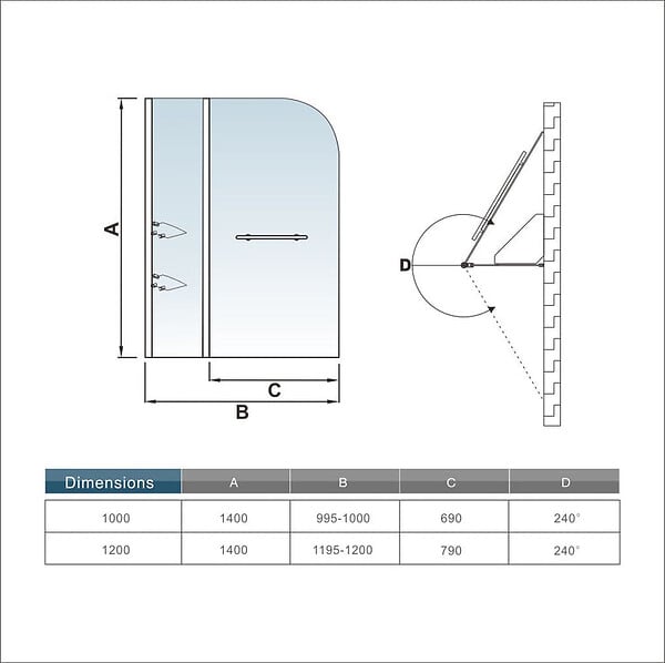 AICA SANITAIRE - Pare-baignoire 100x140cm paroi pivotante 180° en verre trempé clair écran de douche avec porte-serviette et 2 étagères - large