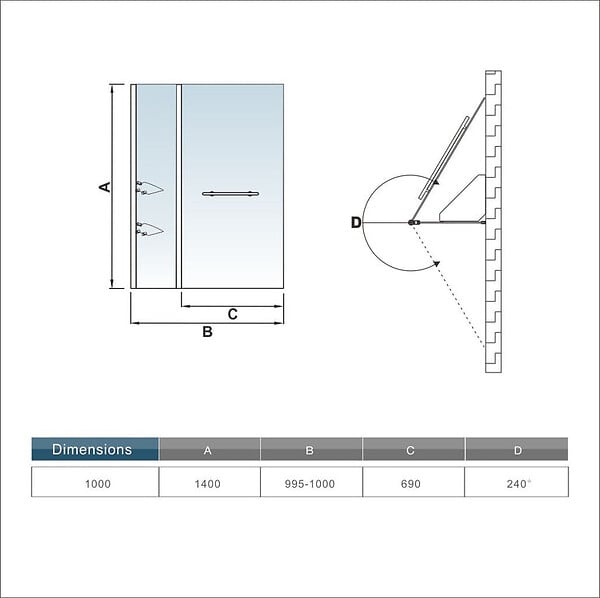 AICA SANITAIRE - Pare-baignoire 100x140cm rectangle paroi pivotante à 240°, écran de douche en verre securit avec 2 étagères - large