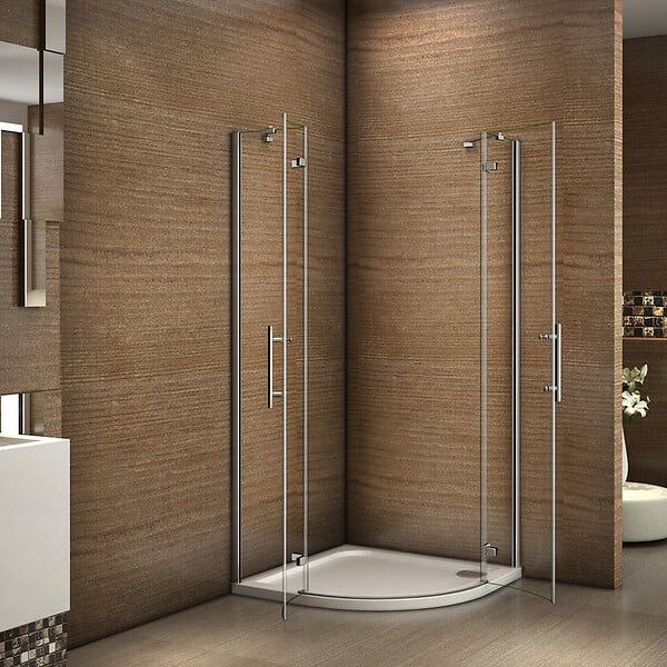 AICA SANITAIRE - Cabine de douche battante 90x90x195cm 1/4 de cercle en verre anticalcaire, porte de douche pivotante à charnières, avec petite barre fixée d'angle - large