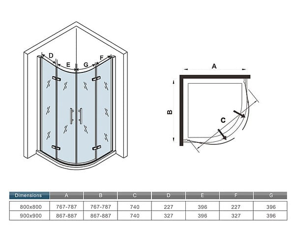 AICA SANITAIRE - Cabine de douche battante 90x90x195cm 1/4 de cercle en verre anticalcaire, porte de douche pivotante à charnières, avec petite barre fixée d'angle - large
