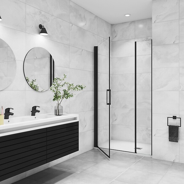 AICA SANITAIRE - Porte de douche pivotante 130x200cm avec un élément fixe Porte de douche noire Hauteur 200cm en 8mm verre anticalcaire - large