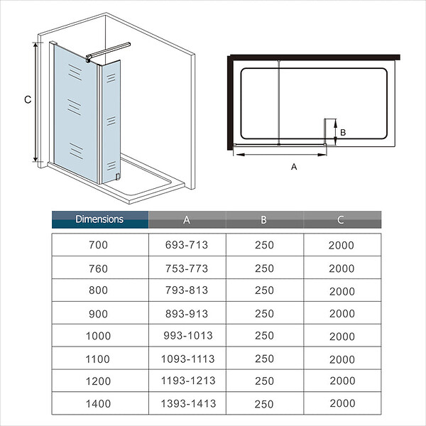 AICA SANITAIRE - Paroi de douche avec retour pivotant fixé 70+25x200cm avec barre de fixation 90cm en carré, AICA paroi de douche à l'italienne en 8mm verre anticalcaire - large