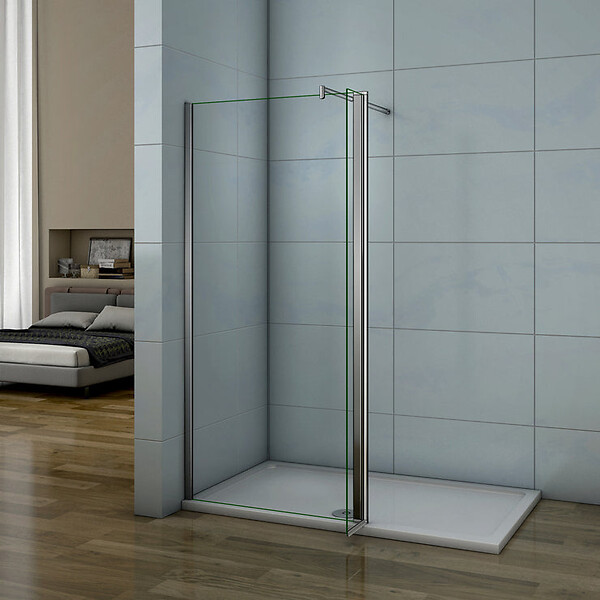 AICA SANITAIRE - Paroi de douche 60+40x200cm avec barre de fixation 70-120cm en cylindrique, verre 8mm clair de sécurité, AICA paroi de douche à l'italienne avec retour pivotant 40cm - large