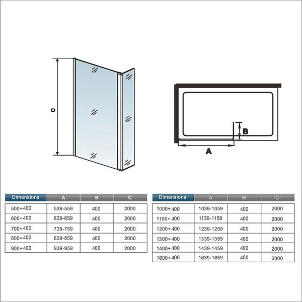 AICA SANITAIRE - Paroi de douche 60+40x200cm avec barre de fixation 70-120cm en cylindrique, verre 8mm clair de sécurité, AICA paroi de douche à l'italienne avec retour pivotant 40cm - large