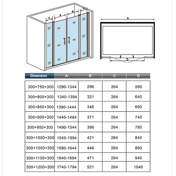 AICA SANITAIRE - Porte de douche battante H.197cm largeur réglable 149 à 154.4cm, porte de douche pivotante à 180° avec 2 éléments fixes en 6mm verre securit anticalcaire - large