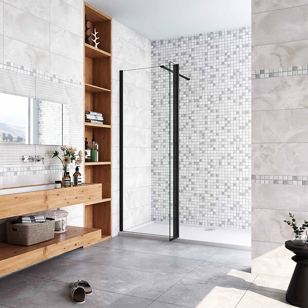 AICA SANITAIRE - Paroi de douche 80+40x200cm avec barre de fixation 90cm recoupable, AICA paroi de douche à l'italienne avec retour pivotant 40cm en 8mm verre anticalcaire, profilé noir mat - large