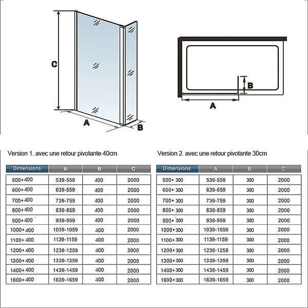 AICA SANITAIRE - Paroi de douche 80+40x200cm avec barre de fixation 90cm recoupable, AICA paroi de douche à l'italienne avec retour pivotant 40cm en 8mm verre anticalcaire, profilé noir mat - large