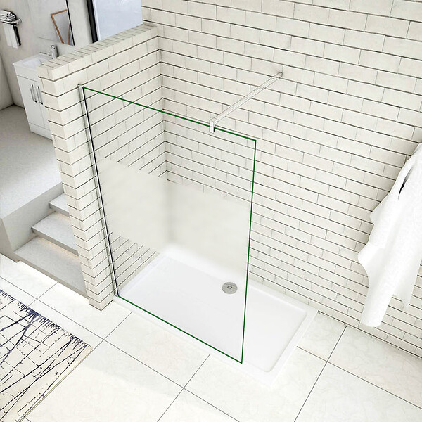 AICA SANITAIRE - Paroi de douche 90x200cm avec barre de fixation 90cm en carré, AICA paroi de douche à l'italienne en 8mm verre bande centrale dépoli - large