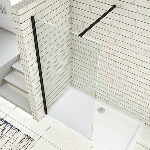 AICA SANITAIRE - Paroi de douche 60x200cm avec barre de fixation 90cm recoupable, profilé noir mat, AICA paroi de douche à l'italienne en 8mm verre securit anticalcaire - large