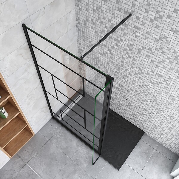 AICA SANITAIRE - Paroi de douche à l'italienne 100+30x200cm avec barre de fixation noire 70-120cm en cylindrique, paroi de douche style modèle avec retour pivotant 30cm en noir mat - large