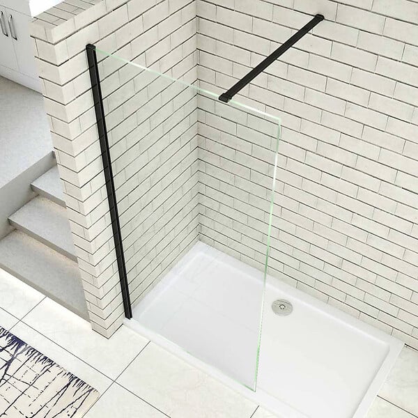 AICA SANITAIRE - Paroi de douche 150x200cm avec barre de fixation 90cm recoupable, profilé noir mat, AICA paroi de douche à l'italienne en 8mm verre securit anticalcaire - large