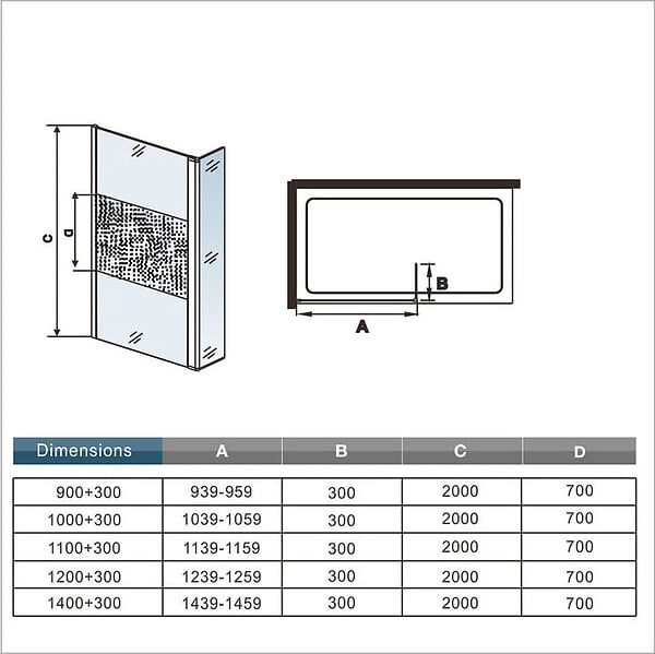 AICA SANITAIRE - Paroi de douche à l'italienne 100+40x200cm avec barre de fixation 90cm en carré, paroi de douche bande central dépoli avec retour pivotant - large