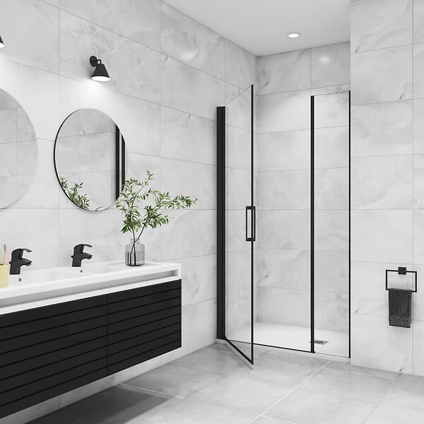 AICA SANITAIRE - Porte de douche pivotante 110x200cm avec un élément fixe Porte de douche noire Hauteur 200cm en 8mm verre anticalcaire - large