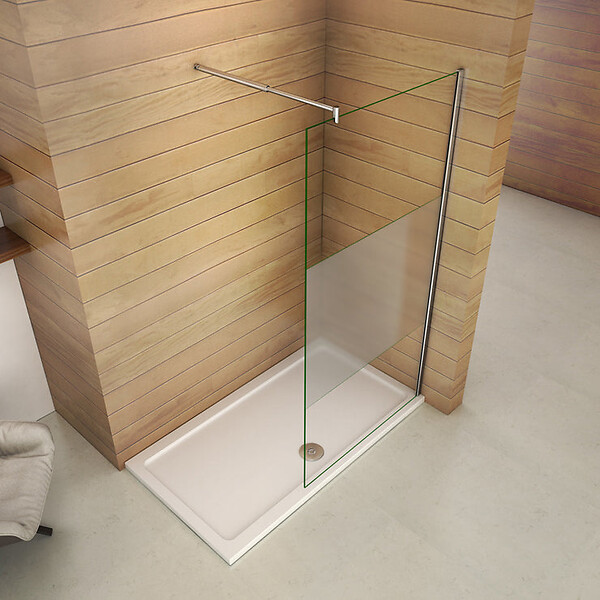 AICA SANITAIRE - Paroi de douche 140x200cm avec barre de fixation 70-120cm en cylindrique, AICA paroi de douche à l'italienne en 8mm verre bande centrale dépoli - large