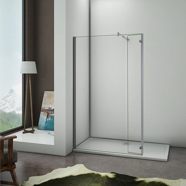 AICA SANITAIRE - Paroi de douche avec retour pivotant 100+40x200cm, charnières, AICA paroi de douche à l'italienne en verre anticalcaire avec barre de fixation cylindrique 70-120cm - large