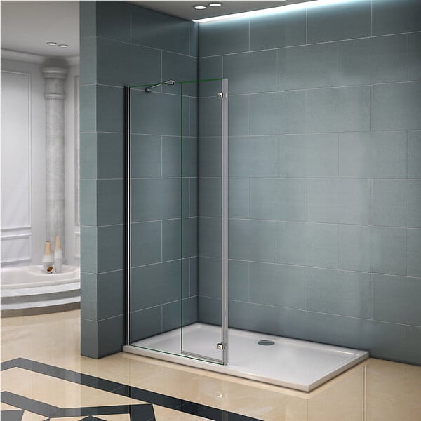 AICA SANITAIRE - Paroi de douche avec retour pivotant 90+40x200cm, charnières, AICA paroi de douche à l'italienne en verre anticalcaire avec barre de fixation d'angle 45cm - large