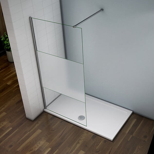 AICA SANITAIRE - Paroi de douche 120x200cm avec barre de fixation 90cm recoupable, AICA paroi de douche à l'italienne en 8mm verre bande centrale dépoli - large