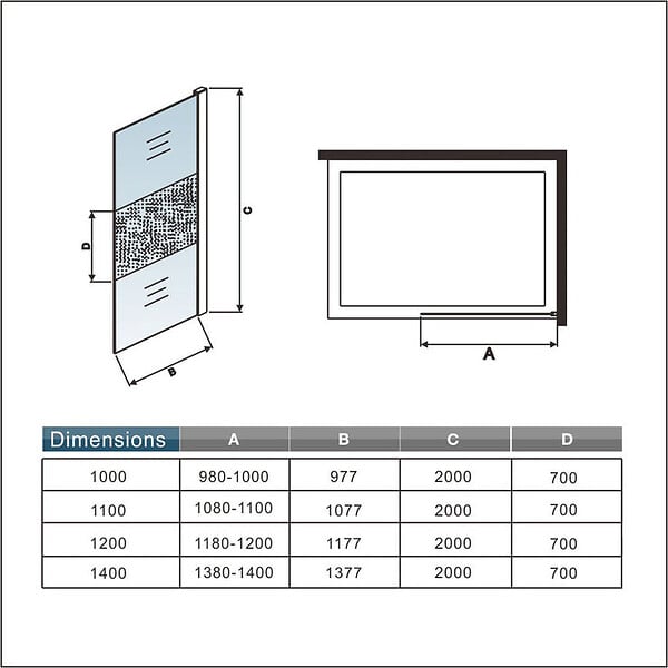 AICA SANITAIRE - Paroi de douche 120x200cm avec barre de fixation 90cm recoupable, AICA paroi de douche à l'italienne en 8mm verre bande centrale dépoli - large