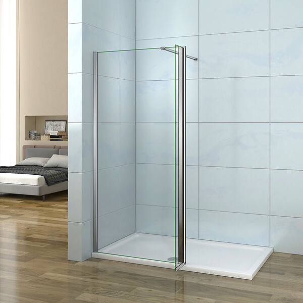 AICA SANITAIRE - Paroi de douche 60+30x200cm avec barre de fixation 140cm recoupable, verre 8mm anticalcaire, AICA paroi de douche à l'italienne avec retour pivotant 30cm - large