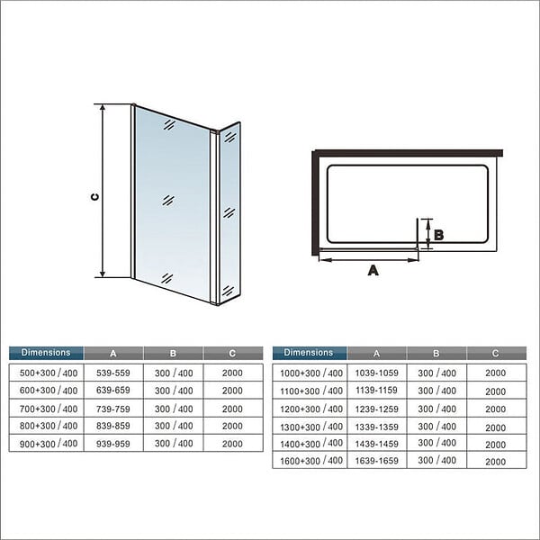 AICA SANITAIRE - Paroi de douche 50+30x200cm avec barre de fixation d'angle 45cm, verre 8mm anticalcaire, AICA paroi de douche à l'italienne avec retour pivotant 30cm - large