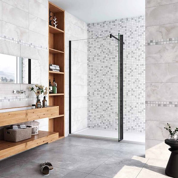 AICA SANITAIRE - Paroi de douche 110+30x200cm avec barre de fixation 90cm en carré, AICA paroi de douche à l'italienne avec retour pivotant 30cm en 8mm verre anticalcaire, profilé noir mat - large