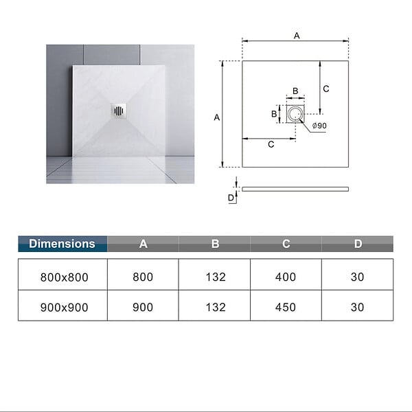 AICA SANITAIRE - Receveur de douche 90x90cm avec une grille en Inox, AICA bac à douche carré, Extra-plat, blanc, anti-dérapant - large