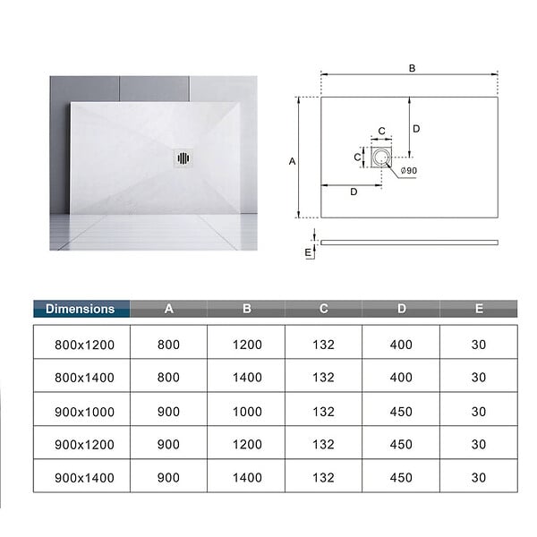 AICA SANITAIRE - Receveur de douche 120x90cm avec une grille en ABS, AICA bac à douche rectangulaire, Extra-plat, blanc, anti-dérapant - large