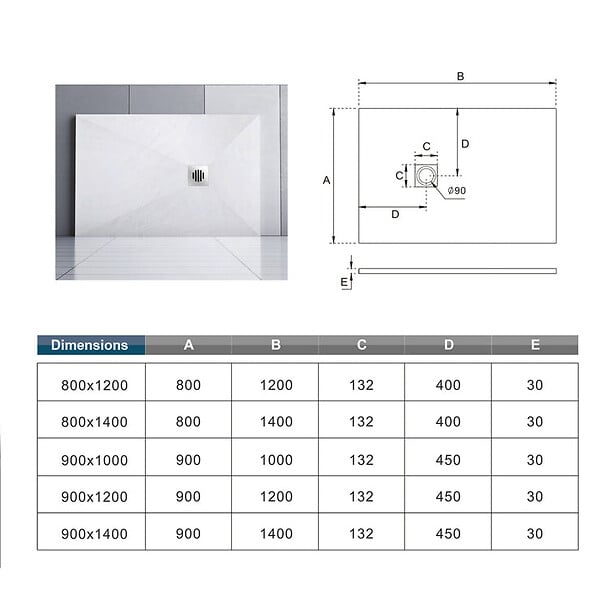 AICA SANITAIRE - Receveur de douche 140x90cm avec une grille en Inox, AICA bac à douche rectangulaire, Extra-plat, blanc, anti-dérapant - large
