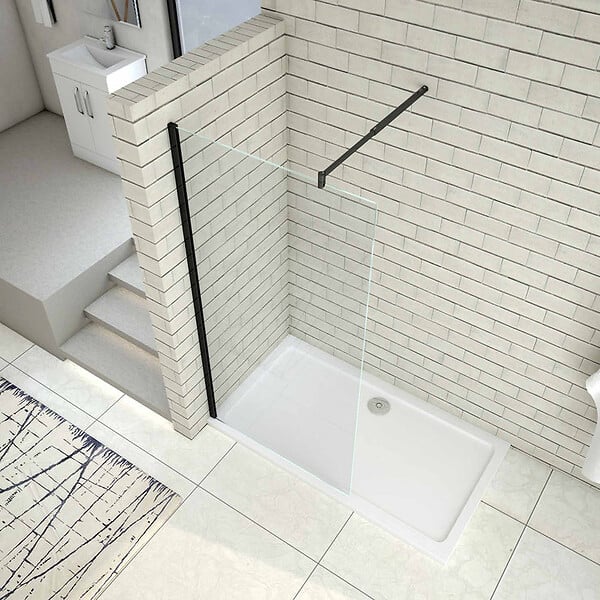 AICA SANITAIRE - Paroi de douche 70x200cm avec barre de fixation 70-120cm en cylindrique, profilé noir mat, AICA paroi de douche à l'italienne en 8mm verre securit anticalcaire - large
