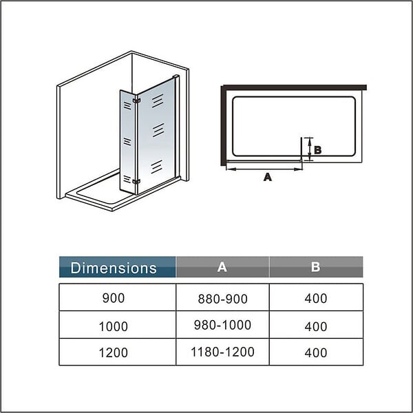 AICA SANITAIRE - Paroi de douche avec retour pivotant 120+40x200cm, charnières, AICA paroi de douche à l'italienne en verre anticalcaire avec barre de fixation 90cm en carré - large
