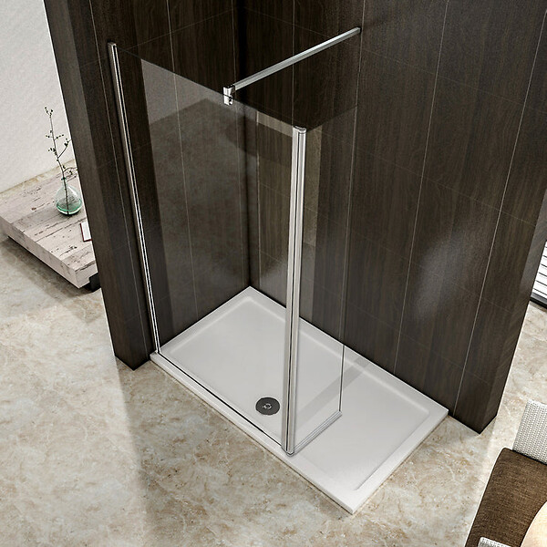 AICA SANITAIRE - Paroi de douche 110+30x200cm avec barre de fixation 140cm en carré, verre 8mm anticalcaire, AICA paroi de douche à l'italienne avec retour pivotant 30cm - large