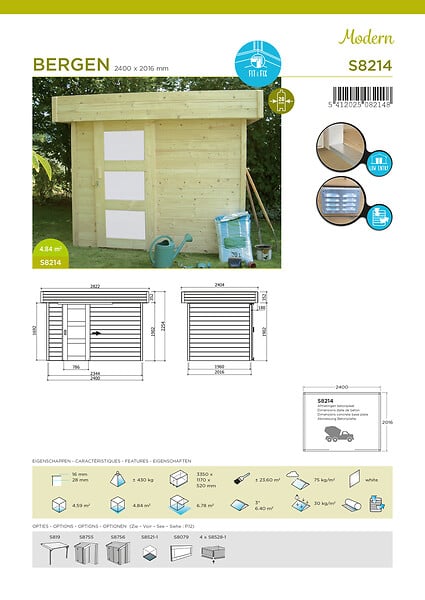 SOLID - Abri de jardin Bergen en bois - 6,77m² - L.280xl.240xH.225cm - large