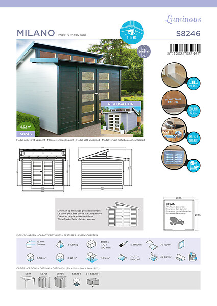 SOLID - Abri de jardin bois Milano - L.335xl.341xH.262cm - large