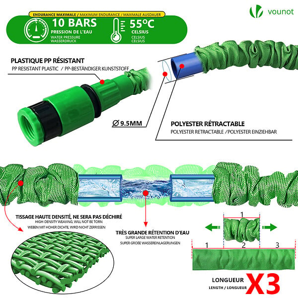 VOUNOT - Tuyau d’Arrosage Extensible 15m avec Accessoires vert - large